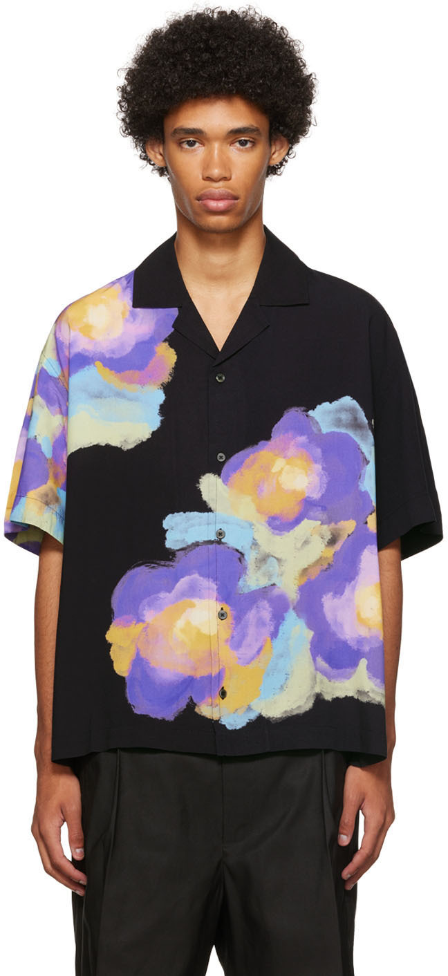 Black Watercolor Flower Short Sleeve Shirt SSENSE Men Clothing Shirts Short sleeved Shirts 