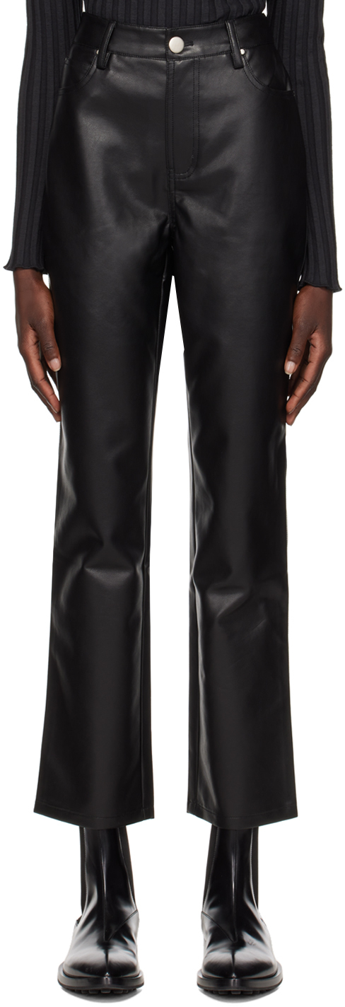 Black Straight-Leg Faux-Leather Trousers