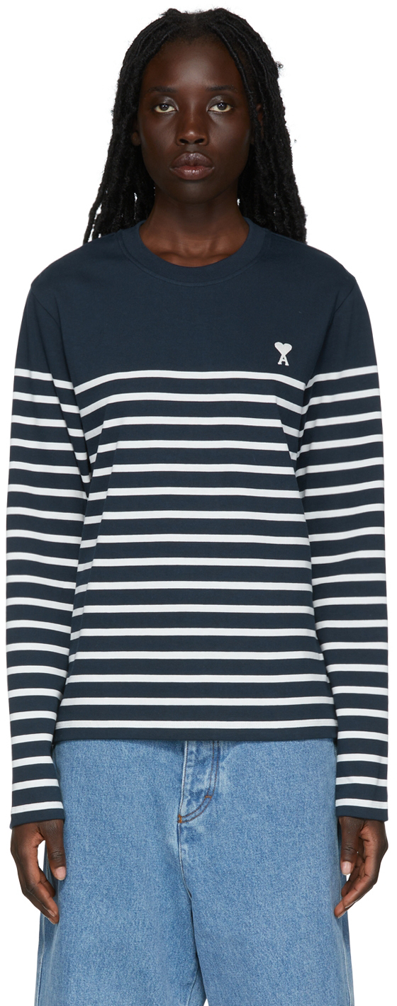 AMI Alexandre Mattiussi SSENSE Exclusive Navy & White Stripe Long Sleeve T-Shirt