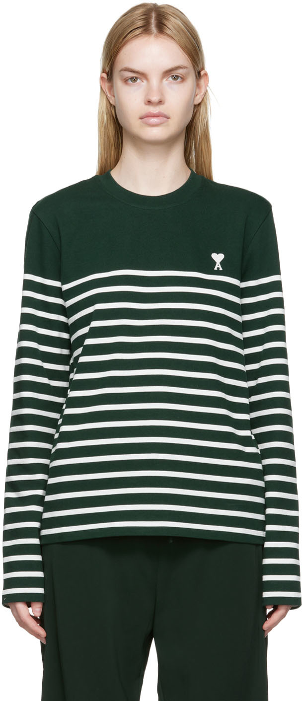 AMI Alexandre Mattiussi SSENSE Exclusive Green & White Stripe Long Sleeve T-Shirt