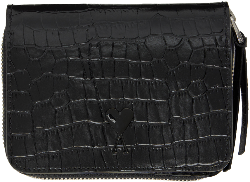 AMI Alexandre Mattiussi Black Ami De Caur Compact Croc Wallet