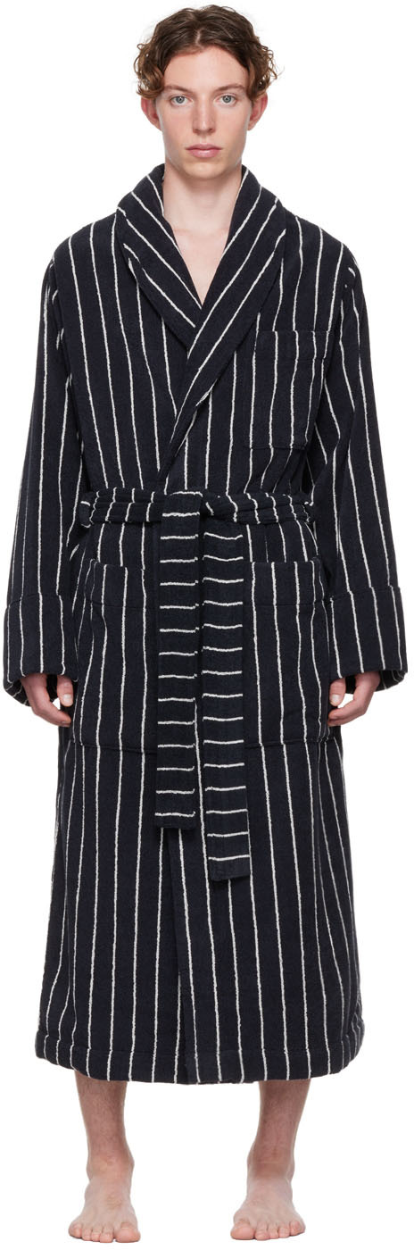 Tekla Belted Striped Organic Cotton-terry Robe In Antwerp (black Strip