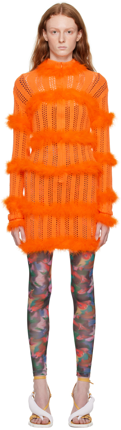 Orange Hole Punch Faux-Fur Minidress