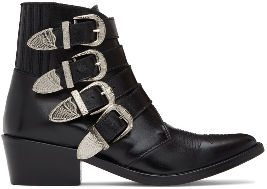 Toga Pulla: Black Leather Four Buckle Western Boots | SSENSE Canada