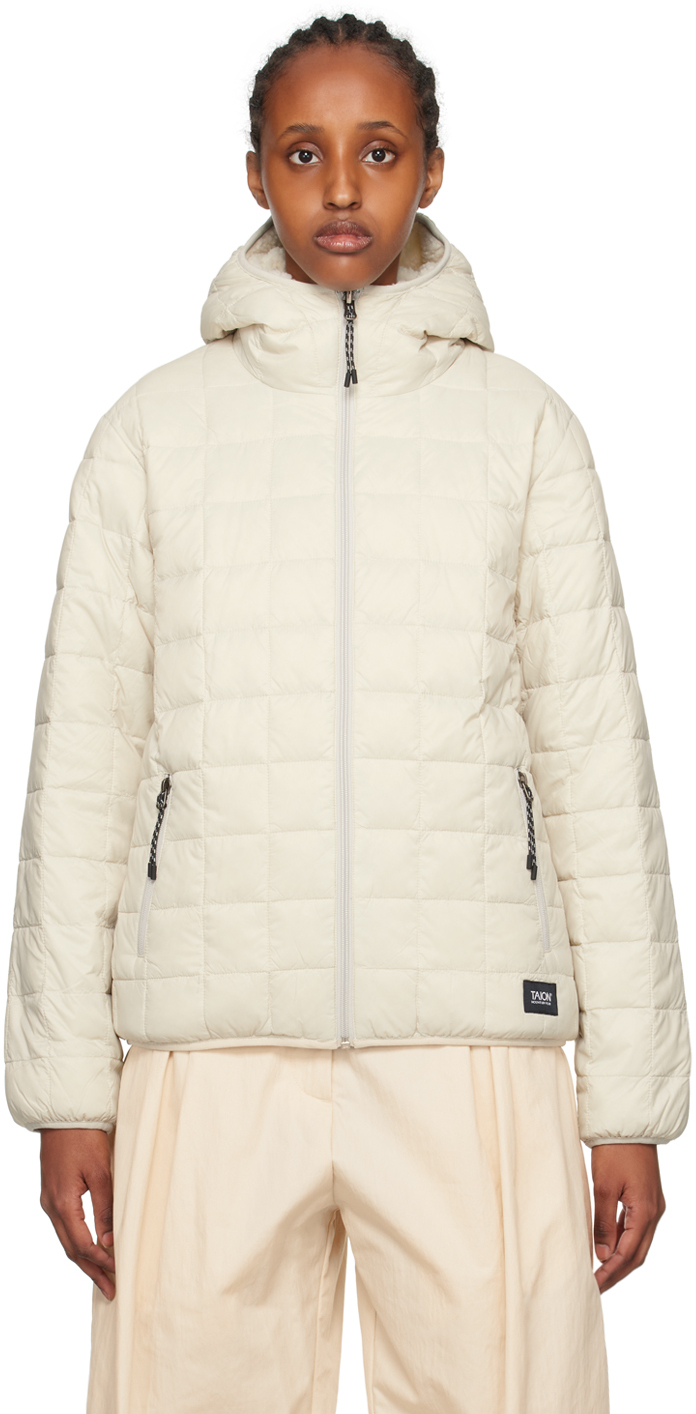Taion Grey & Off-white Hooded Reversible Down Jacket In Ice Grey×ivory