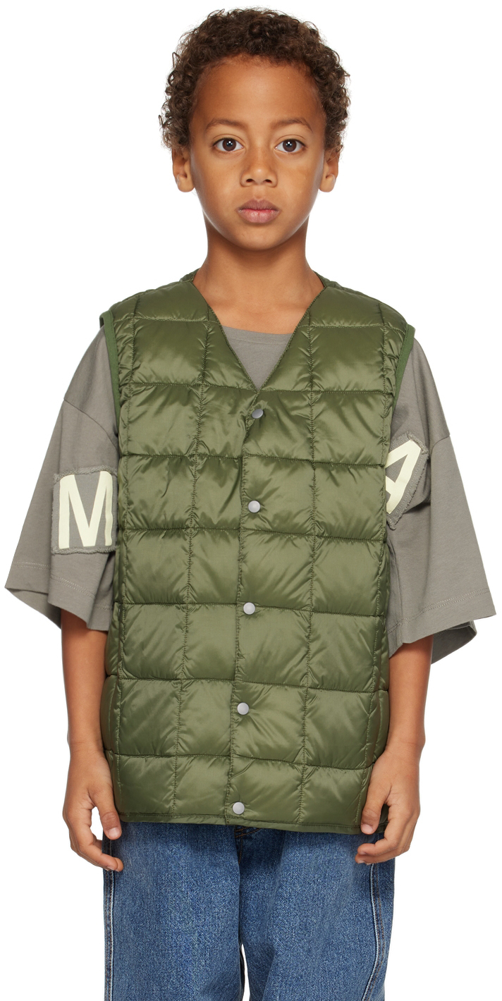 Taion Kids Green V-neck Down Vest In Olive