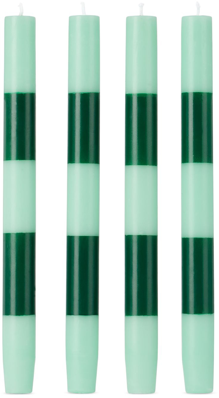 Green Striped Dinner Candles, 4 pcs