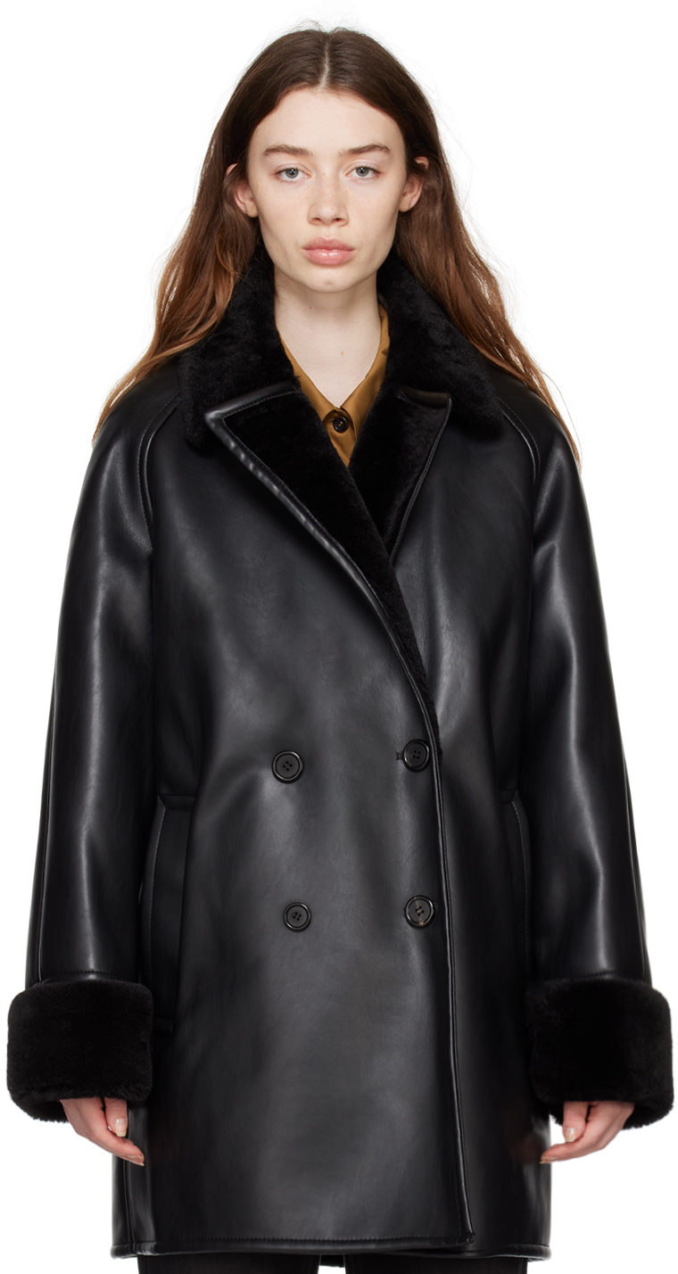 DRAE Black Double-Breasted Faux-Leather Coat