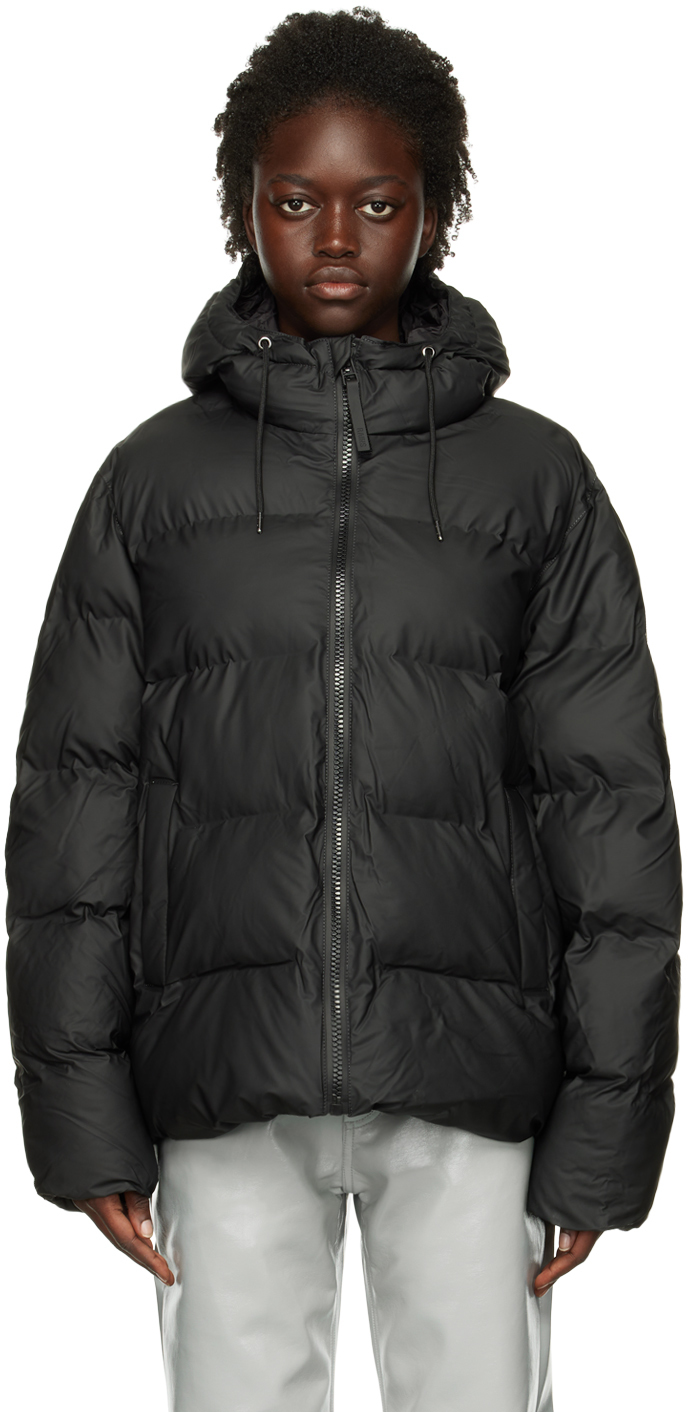 Black Puffer Down Jacket by RAINS on Sale