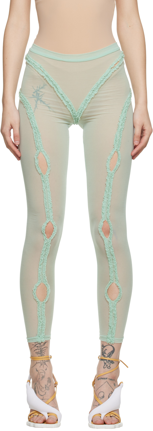 Green Moni Sheer Holey Leggings by BARRAGÁN on Sale