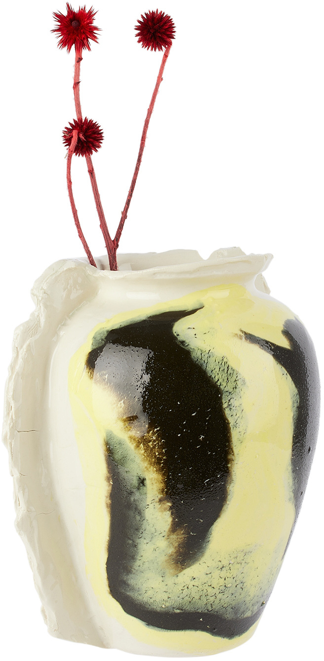 Dum Keramik Off-white & Yellow Large Smiley Face Vase In Yellow