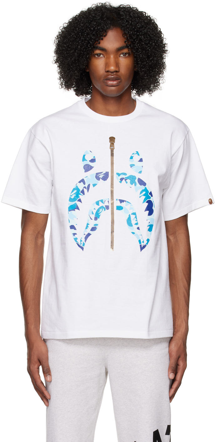 BAPE: White & Blue ABC Camo Shark T-Shirt | SSENSE