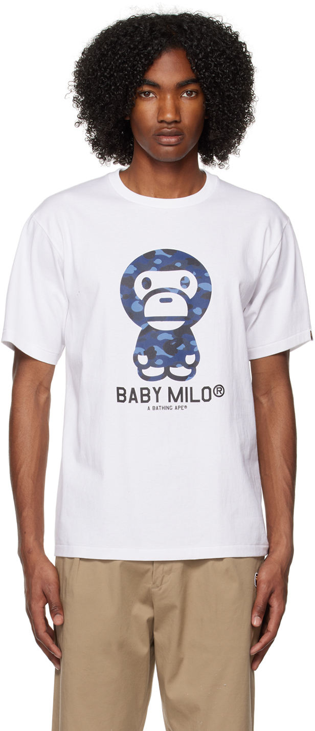 BAPE: White & Navy Camo 'Baby Milo' T-Shirt | SSENSE Canada