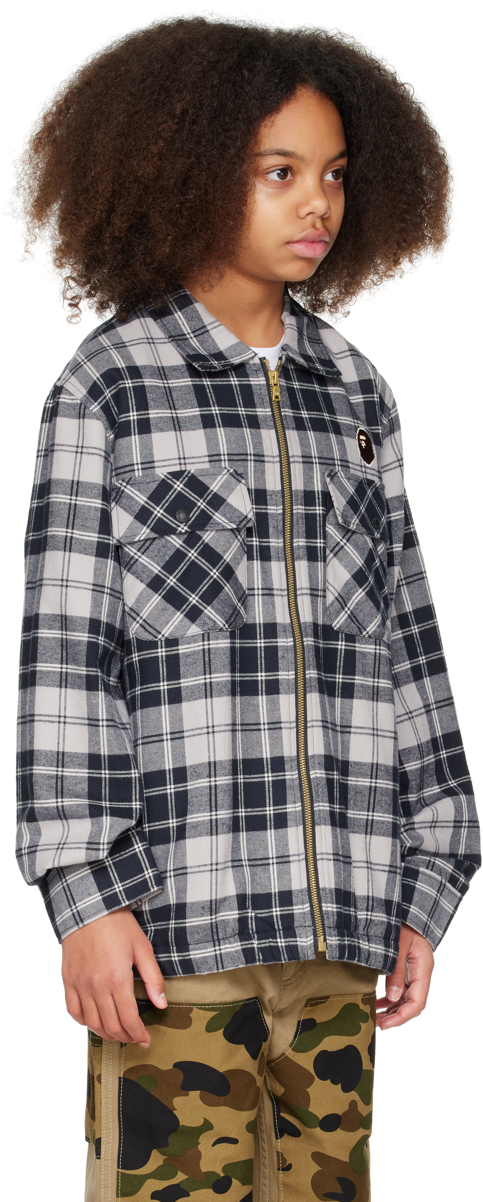Bape Kids Gray Check Ape Head Patch Zip Jacket In Gray