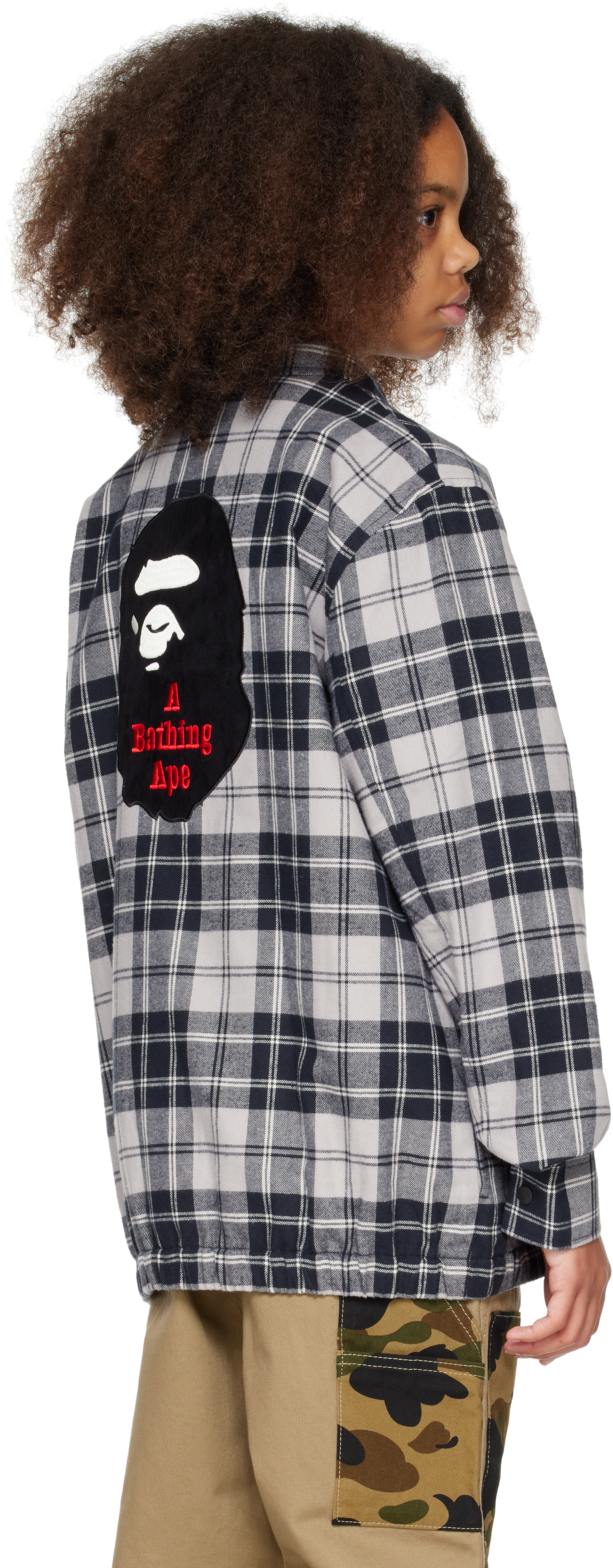 Bape Kids Gray Check Ape Head Patch Zip Jacket In Gray
