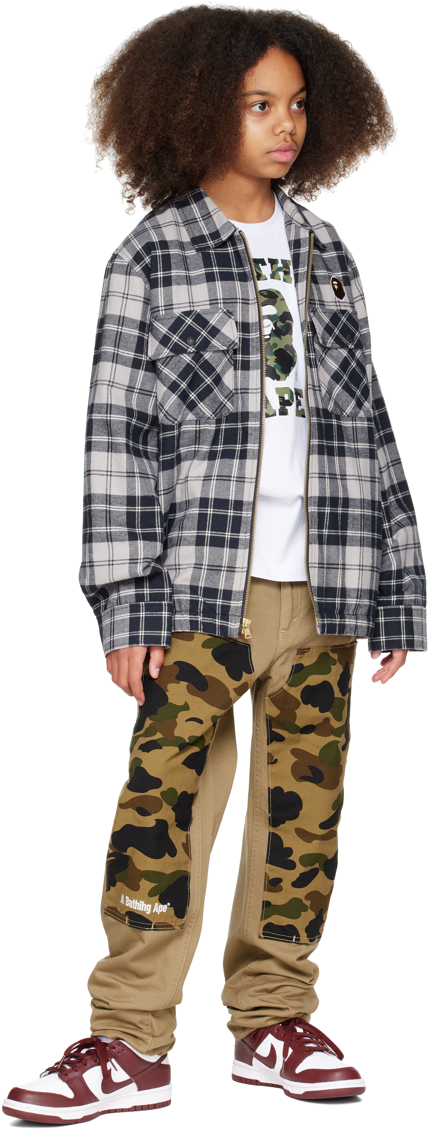 Bape Kids Gray Check Ape Head Patch Zip Jacket In Gray