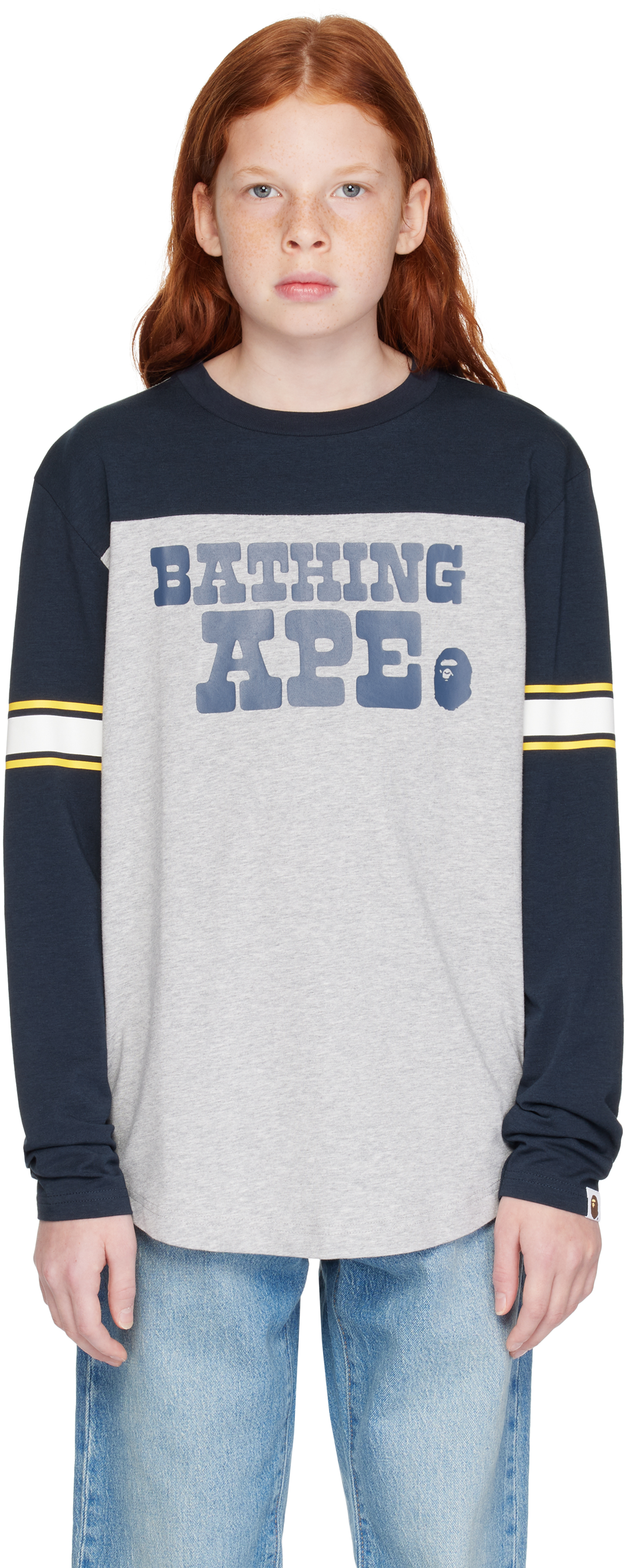 Shop Bape Kids Navy & Gray 'bathing Ape' Football Long Sleeve T-shirt