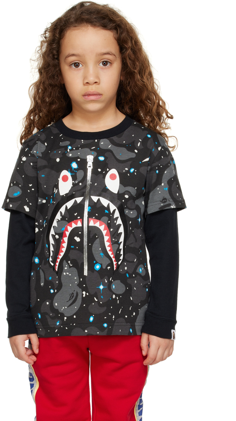 Kids Black Space Camo Shark Long Sleeve T-Shirt