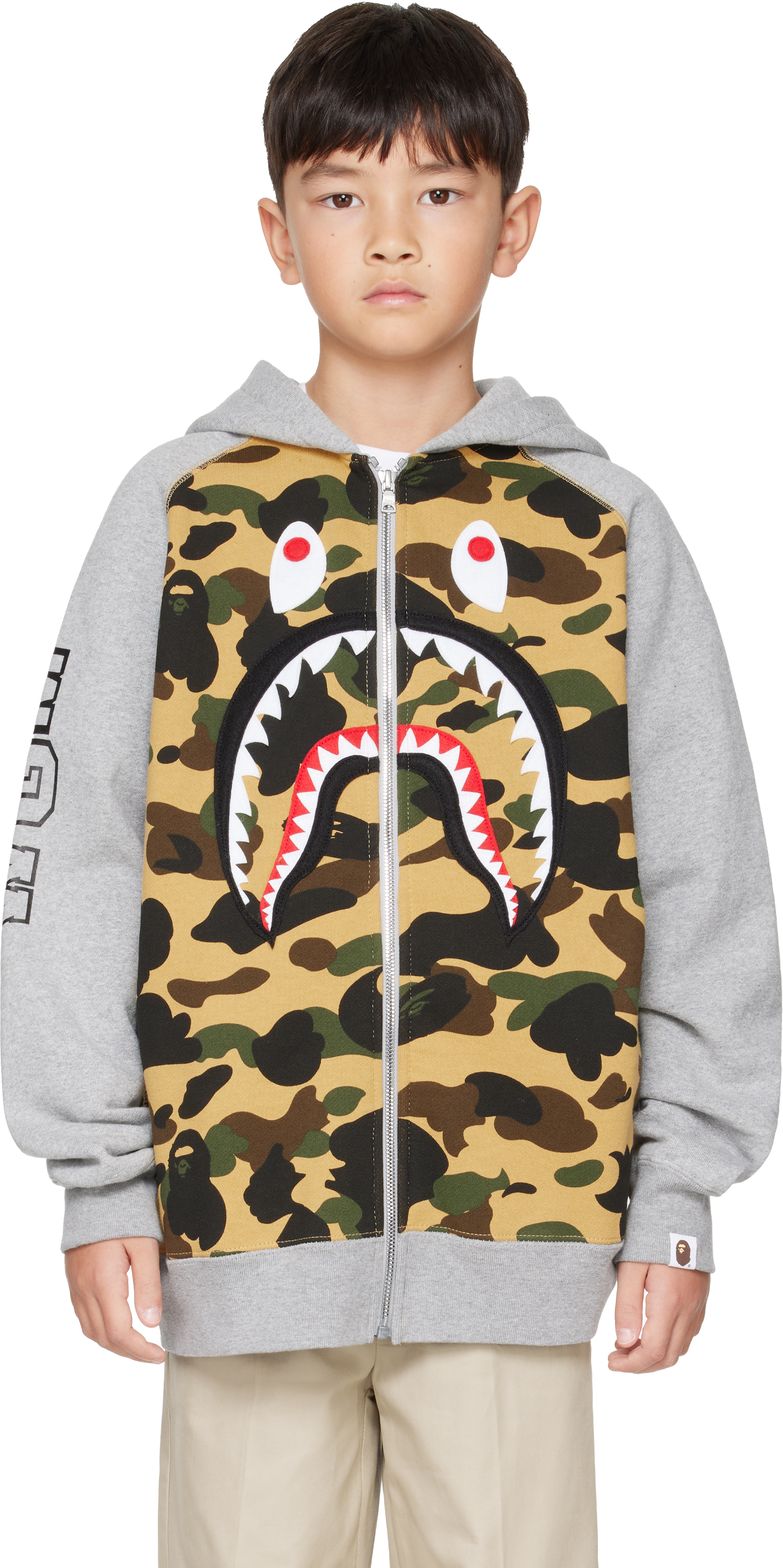 Bape Kids Gray 1st Camo Shark Patch Zip Hoodie In Yellow