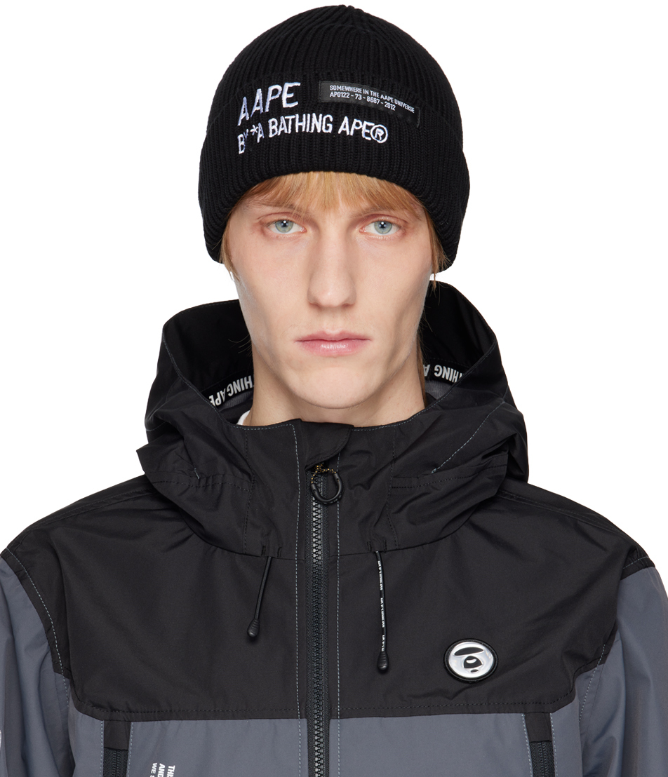 Black Embroidered Beanie by AAPE by A Bathing Ape on Sale
