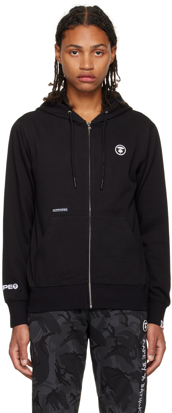 AAPE by A Bathing Ape: Black Zip-Up Hoodie | SSENSE Canada