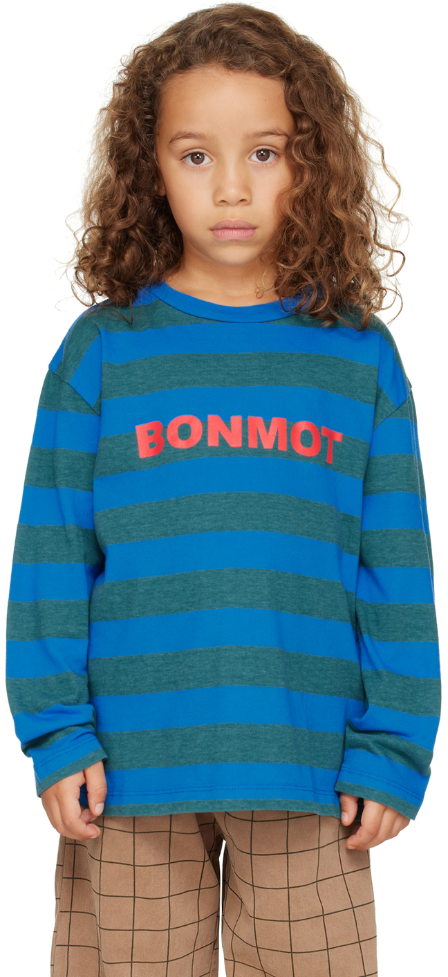 Bonmot Organic Kids Blue & Green Logo Stripes T-shirt In Sea Blue