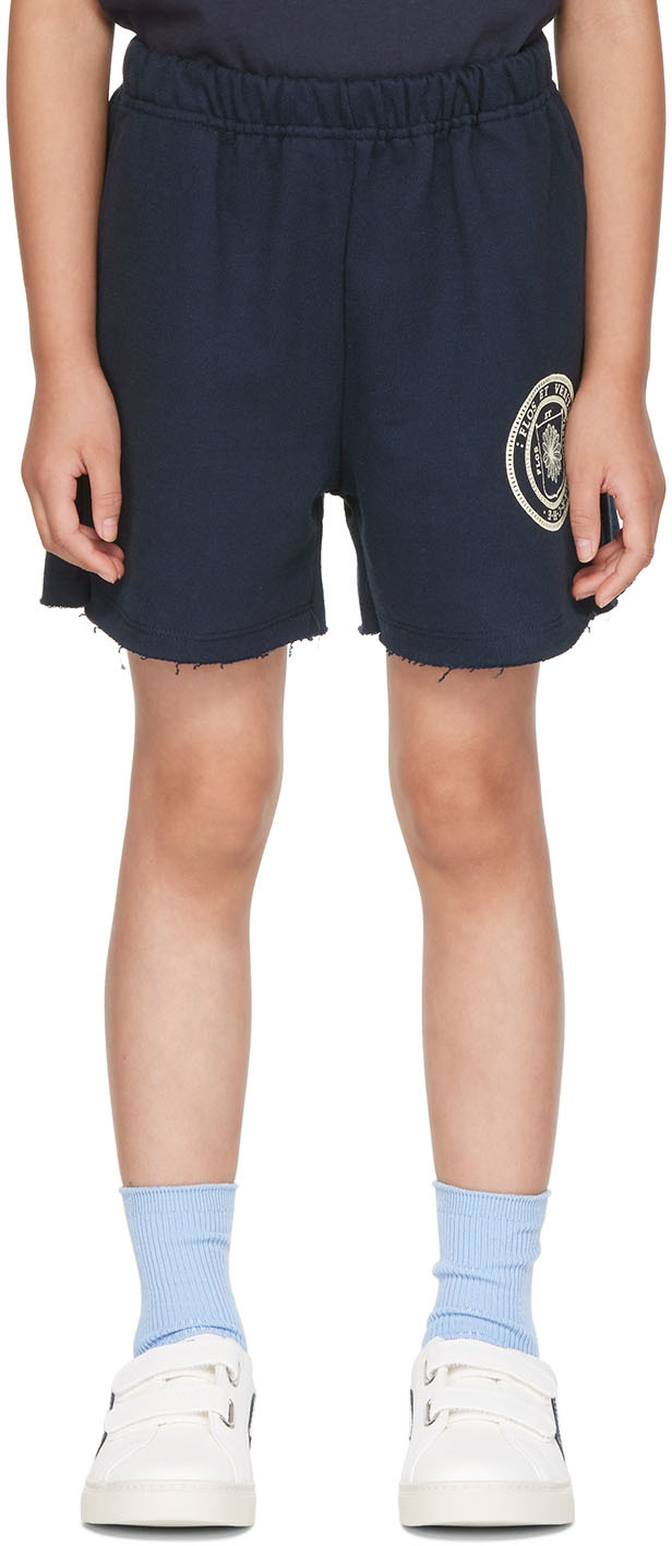 Kids Navy Marche Emblem Shorts by Mardi Mercredi Les Petits on Sale