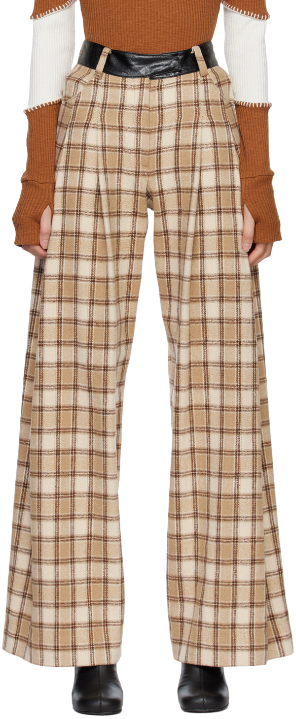 Beige Check Wide Trousers