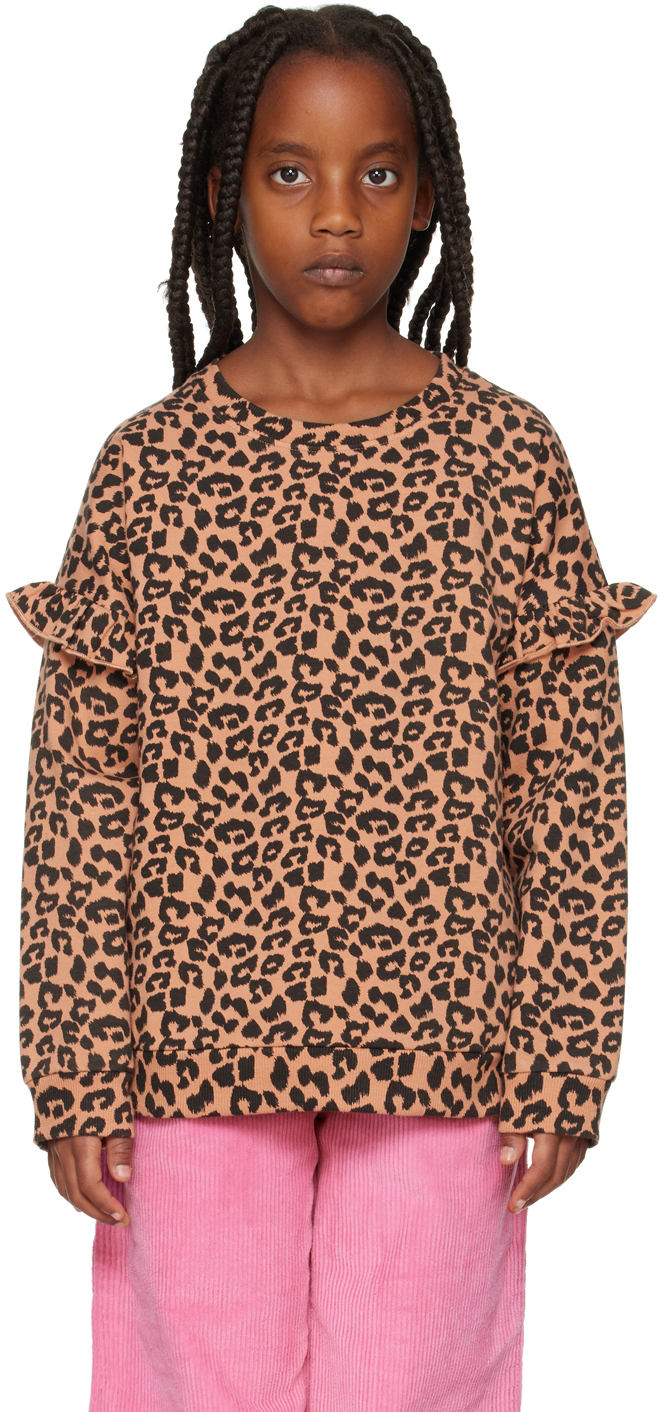 Daily Brat Kids Tan Leopard Ruffle Sweater In Autum Hazel