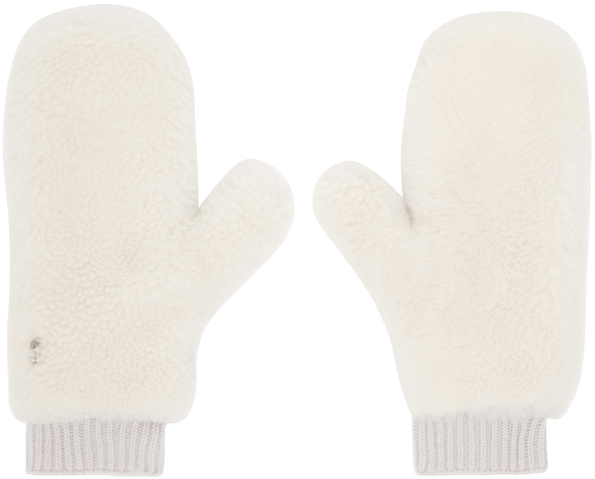 Yves Salomon White Wool Mittens In A1043 White Peony