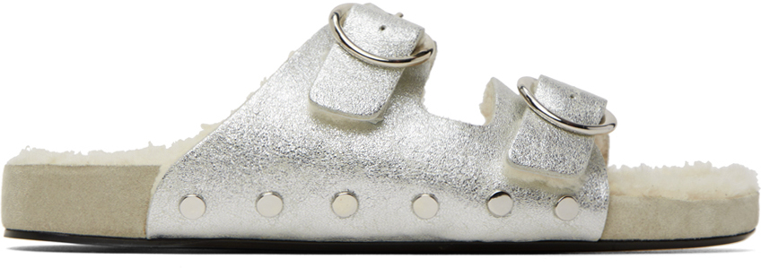 Isabel Marant Lennyo Studded Slide Sandal With Genuine Shearling Lining In 08si Silver