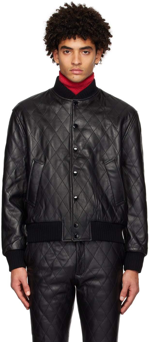 Black Quilted Leather Bomber Jacket