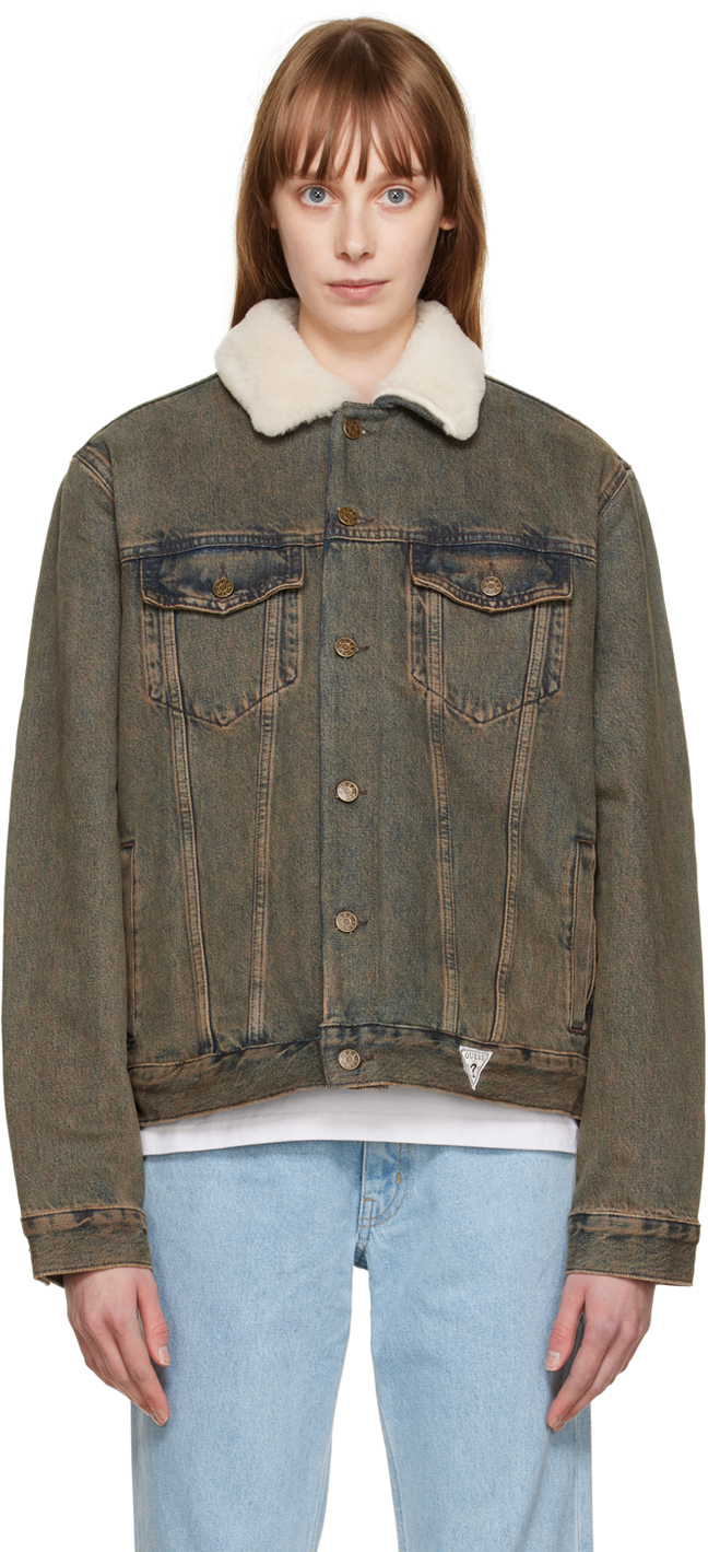 Brown Tinted Denim Jacket by Guess Jeans U.S.A. on Sale