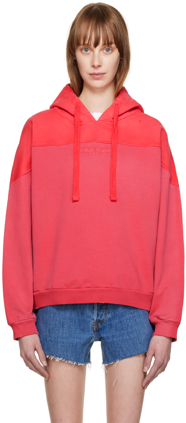 Pink Drawstring Hoodie by GUESS USA on Sale