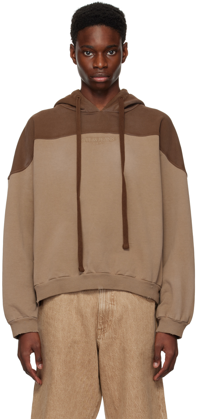 Guess Jeans U.s.a. Brown Two-tone Hoodie In Roasted Almond