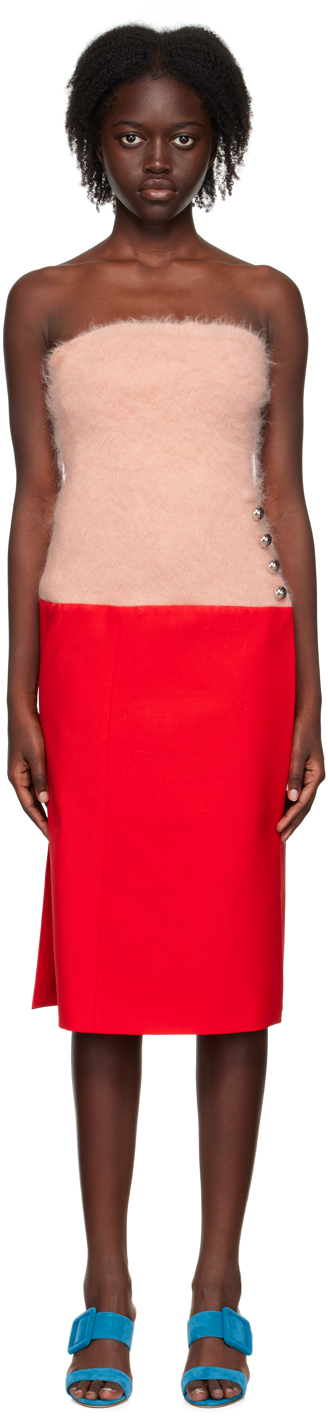 Shop Rabanne Pink & Red Paneled Midi Dress In P628 Red Poppy