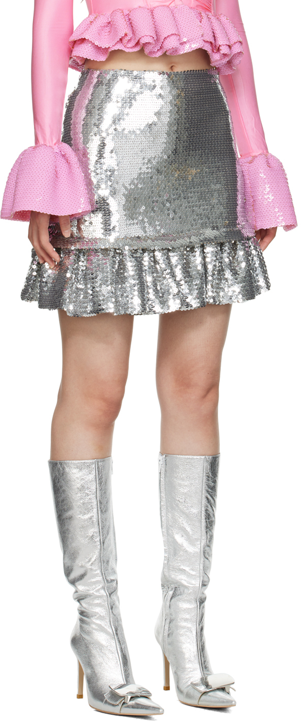 RABANNE SILVER SEQUINNED MINISKIRT