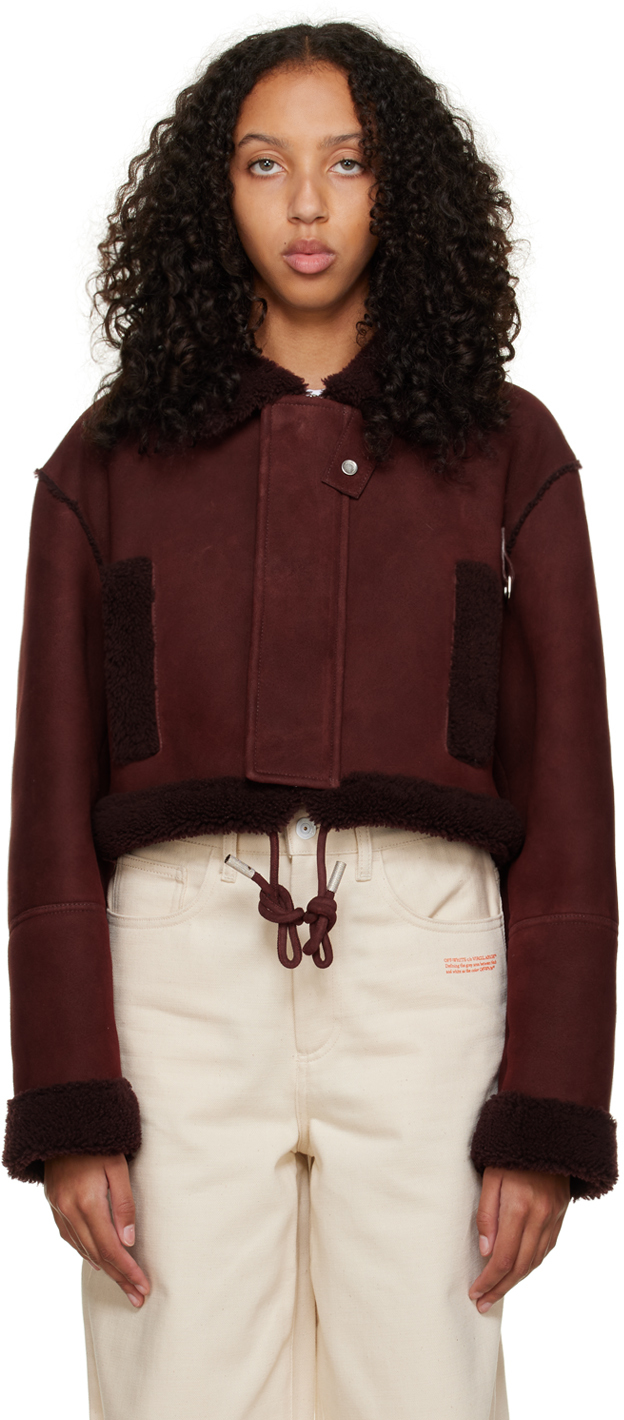 Shop Off-white Burgundy Cropped Shearling Jacket In Burgundy No Color