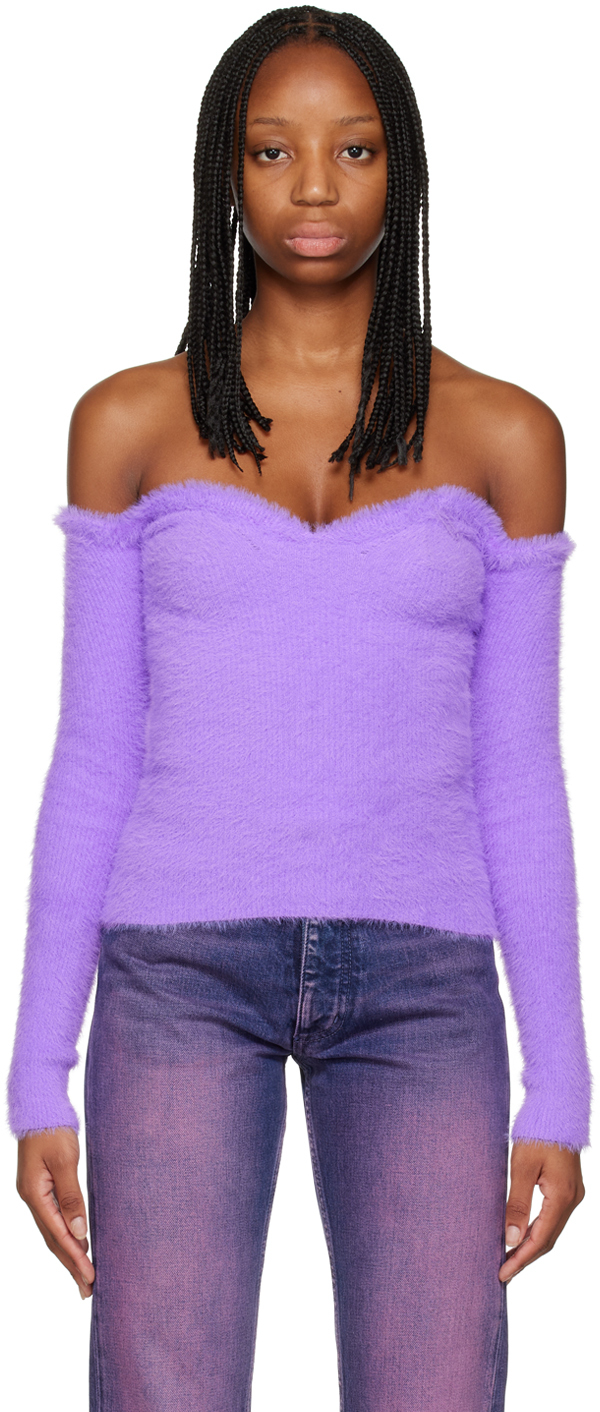 Off-white Off-the-shoulder Brushed Knitted Top In Lilac No Color