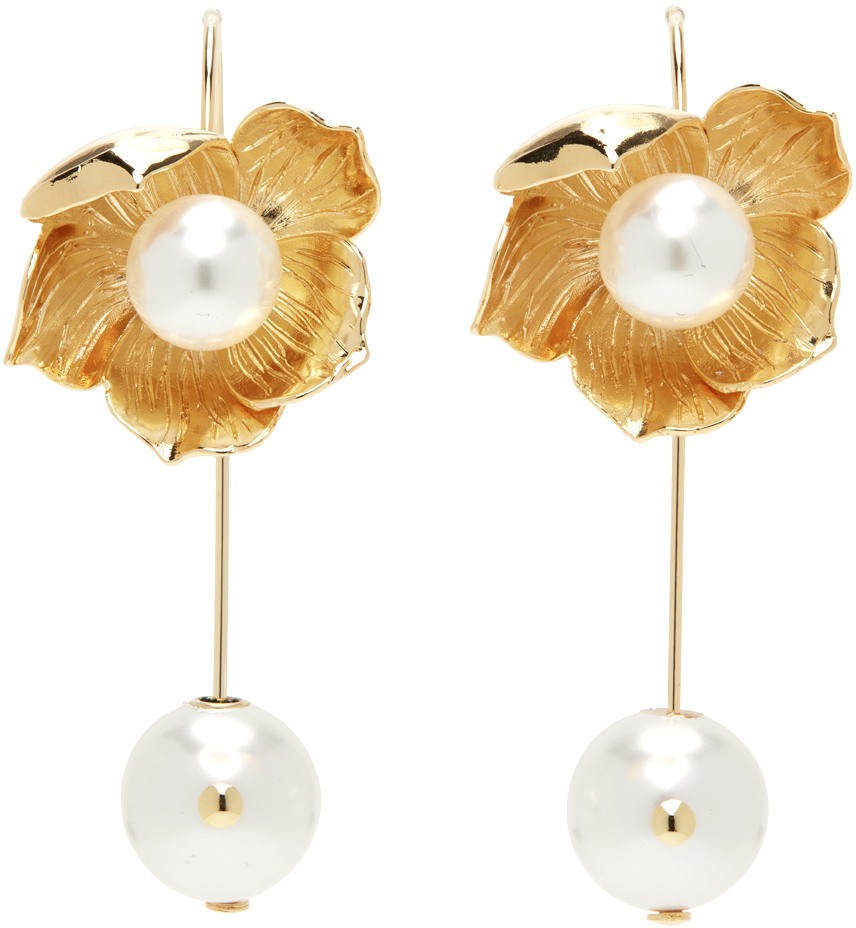Erdem Gold & Pearl Flower Earrings In Gold + White