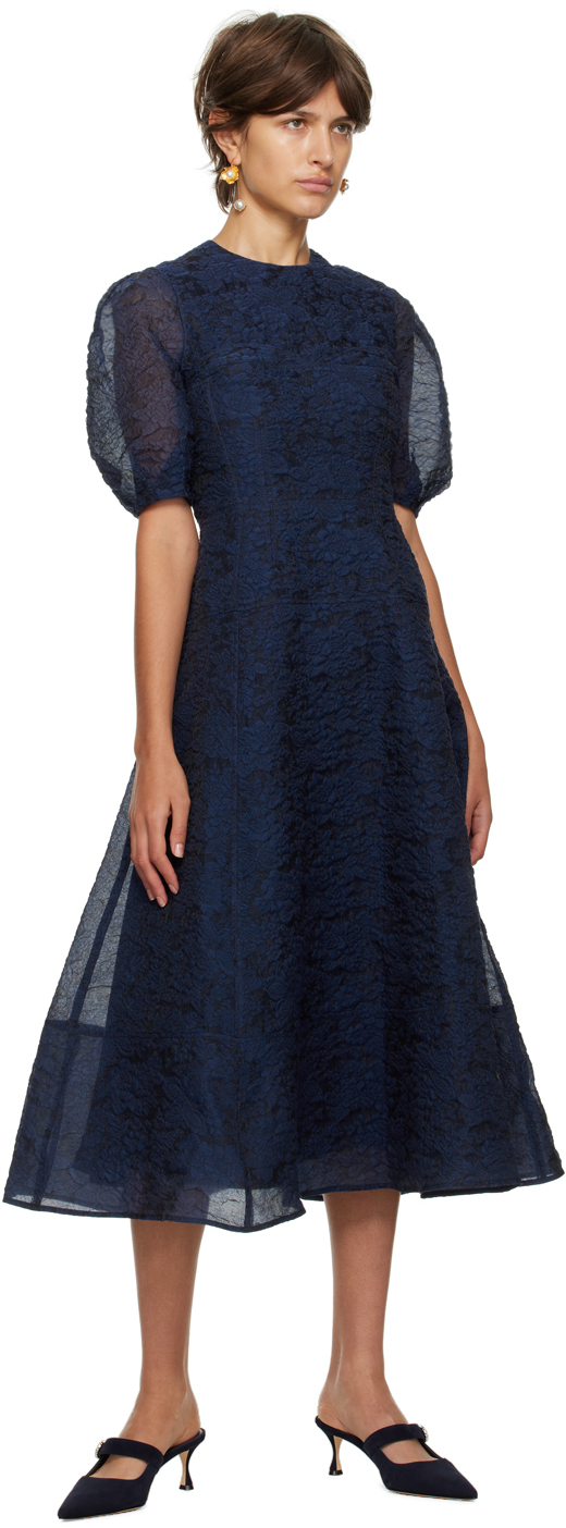 ERDEM NAVY & BLACK KYLA MIDI DRESS 