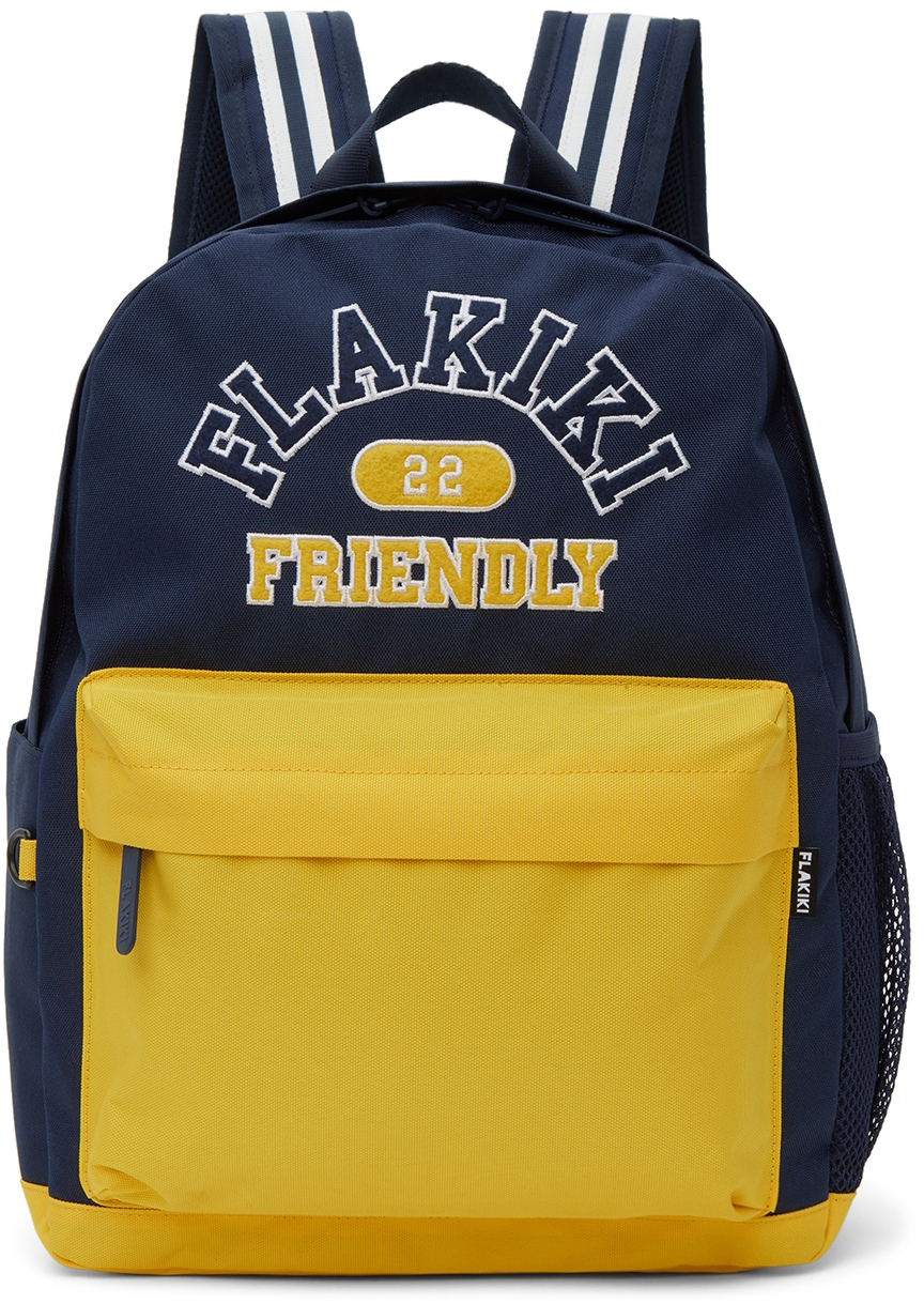 Flakiki Ssense Exclusive Kids Navy Embroidered Backpack In Yellow Navy