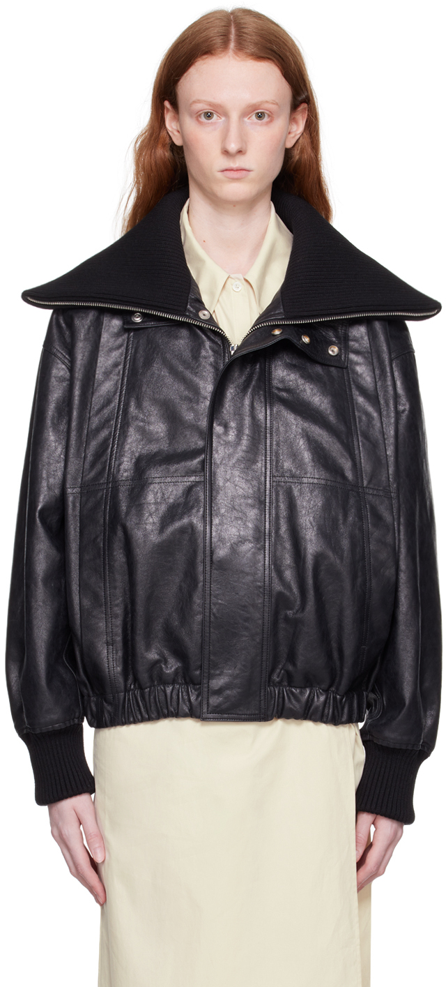 LEMAIRE: Black Crinkled Leather Jacket | SSENSE UK