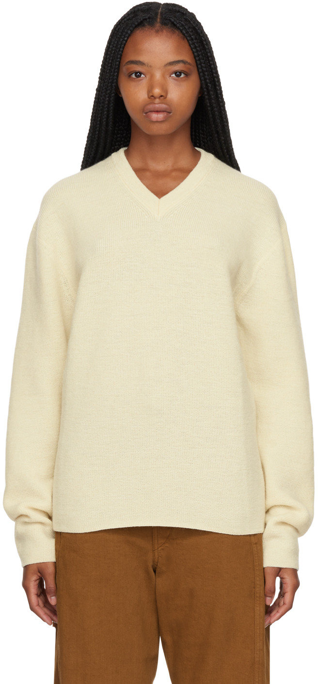 Lemaire: Off-White V-Neck Sweater | SSENSE UK