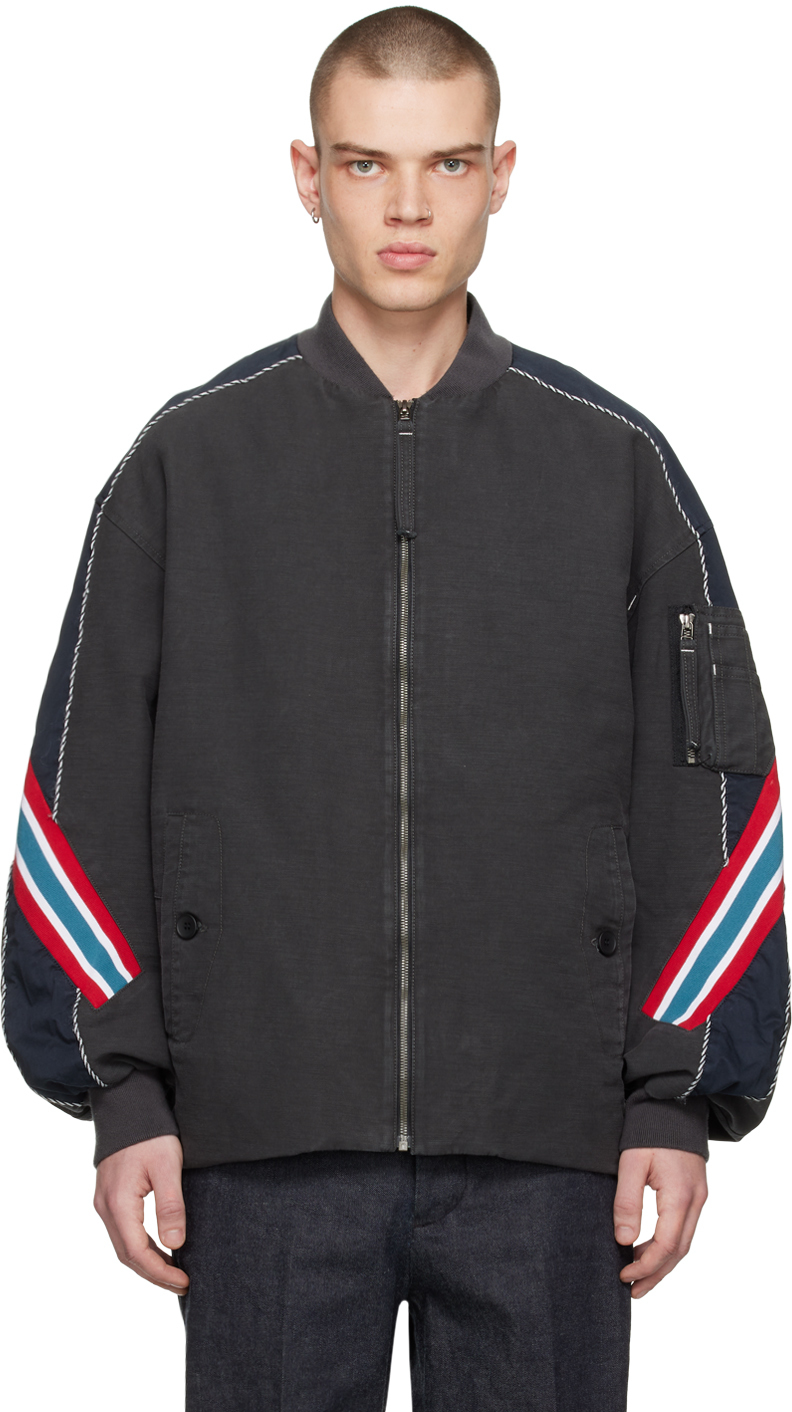 Gray Stripe Trim Bomber Jacket by Incotex Red x FACETASM on Sale