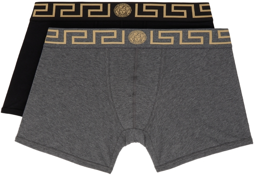 Versace Underwear: Two-Pack Black & Gray Greca Border Boxers