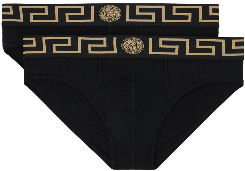 Versace Underwear Two-Pack Black & Gold Greca Border Briefs