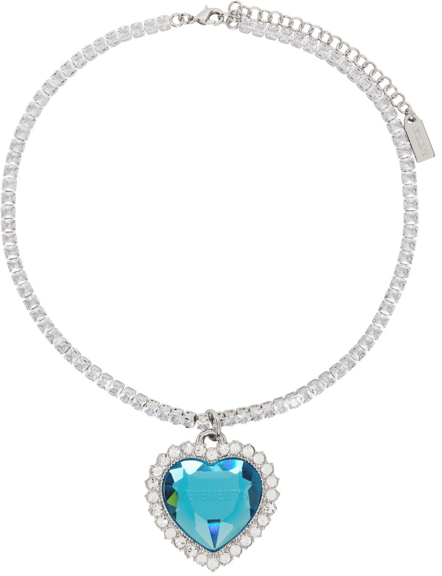 VETEMENTS Silver & Blue Crystal Heart Necklace