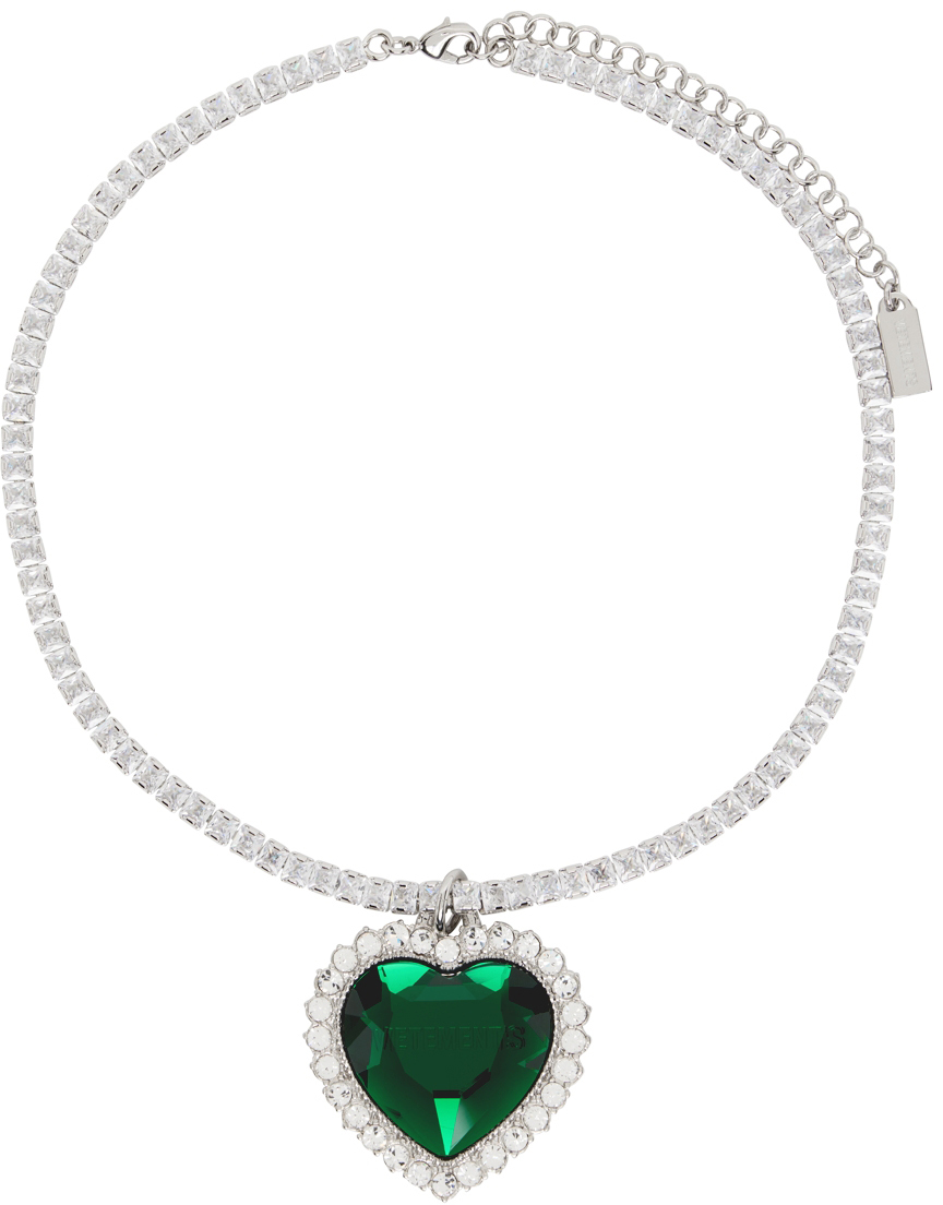 VETEMENTS Silver & Green Crystal Heart Necklace