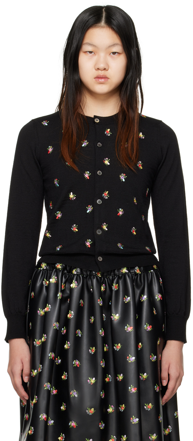 Comme Des Garcons Girl Floral-embroidered Wool Cardigan In Schwarz